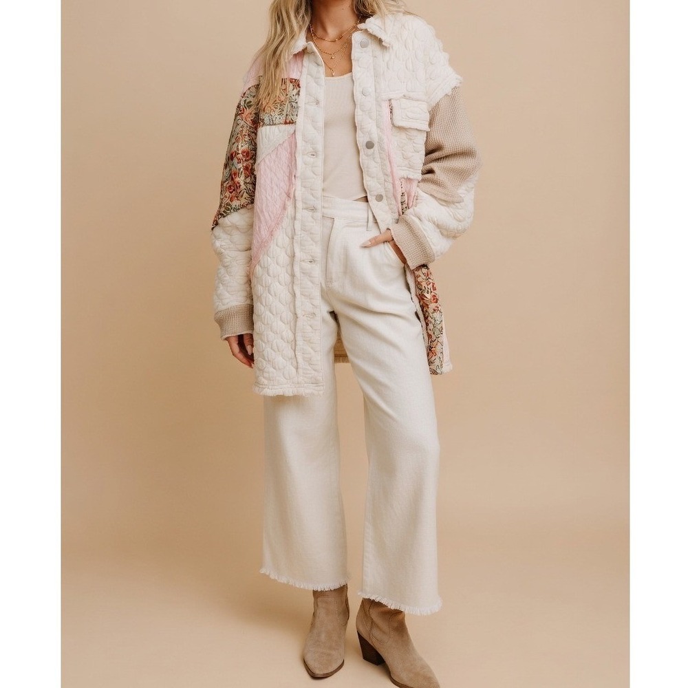 POL Women Patchwork Quilted Mixed Media Floral Oversized Shacket Jacket Small